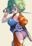  1girl absurdres aqua_eyes arched_back ass bare_shoulders blue_shirt breasts circlet dragon_quest dragon_quest_iv grey_background grey_hair hair_between_eyes heroine_(dq4) highres holding holding_sword holding_weapon jacket jacket_partially_removed looking_at_viewer looking_back medium_breasts over_shoulder panties parted_lips purple_panties shirt short_hair signature smile solo strikebeagle sword underwear weapon weapon_over_shoulder wristband 