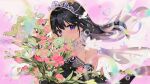  1girl bare_shoulders black_dress black_hair blue_eyes blush bouquet bubble choker dress feathers flower highres holding holding_bouquet idoly_pride nagase_mana rose solo tiara 