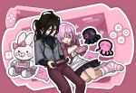  1boy 1girl alternate_costume black_skirt black_sweater bow brown_hair brown_pants danganronpa_(series) danganronpa_2:_goodbye_despair ear_bow fue_(flute032) galaga grey_shirt hair_ornament handheld_game_console highres holding holding_handheld_game_console kamukura_izuru long_hair medium_hair miniskirt nanami_chiaki outline pants pink_hair playing_games pleated_skirt ponytail raglan_sleeves red_shirt shirt sitting skirt socks sweater usami_(danganronpa) white_outline white_shirt 