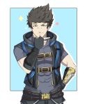  1boy abs aged_up armor bags_under_eyes belt brown_hair ememtrp grey_jacket grey_shirt gun handgun highres jacket male_focus muscular muscular_male pale_skin rex_(xenoblade) shirt smile smug weapon xenoblade_chronicles_(series) xenoblade_chronicles_3 yellow_eyes 