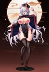  1girl absurdres alternate_costume black_thighhighs blue_eyes breasts commentary_request covered_navel full_body genshin_impact grey_hair hair_bun hair_over_one_eye highres jiangshi large_breasts looking_at_viewer nipples one_eye_covered open_mouth pelvic_curtain shan_far shenhe_(genshin_impact) smile solo standing thighhighs thighs tongue tongue_out wide_sleeves 