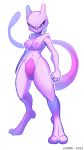  3_fingers absurd_res angry blue_eyes breasts chilllum crossgender female fingers fist generation_1_pokemon genitals hi_res legendary_pokemon looking_at_viewer mewtwo nintendo pink_body pokemon pokemon_(species) pussy solo standing tail threatening 