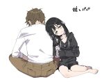  1boy 1girl age_difference arm_hug bare_legs barefoot black_hair black_hoodie brown_hair brown_pants full_body gengorou green_eyes hood hoodie original pants shirt shoes simple_background sitting sleeves_past_wrists smile white_background white_shirt 