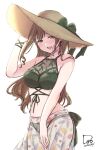  1girl arm_up bare_shoulders bikini black_nails blush breasts brown_eyes brown_hair cleavage collarbone cowboy_shot dated earrings flip_(diiolive) green_bikini green_ribbon hat hat_ribbon highres idolmaster idolmaster_shiny_colors jewelry kuwayama_chiyuki large_breasts long_hair looking_at_viewer navel open_mouth ribbon sarong see-through_swimsuit signature simple_background smile solo straw_hat swimsuit white_background wrist_straps 