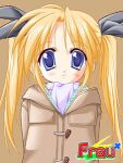  1girl blonde_hair blue_eyes blush bow brown_background brown_coat cake_x_3!_ichigo_ichie closed_mouth coat hair_bow kaneda_ai long_hair looking_at_viewer lowres non-web_source purple_scarf scarf simple_background smile solo standing twintails yoshimizu_kagami 