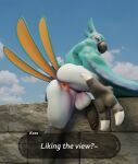  3d_(artwork) anthro anus arm_markings avian avian_feet backsack balls beak black_beak black_penis blue_body blue_feathers blue_sky breath_of_the_wild brick_wall butt cloud digital_media_(artwork) english_text facial_markings feathers genitals grey_brick head_feathers head_markings hi_res kass_(tloz) leaning leaning_forward leg_markings looking_at_viewer looking_back male markings multicolored_body muscular muscular_anthro muscular_male nintendo nude orange_eyes outside penis pink_anus presenting presenting_hindquarters puckered_anus raised_leg rear_view rito setrixart sky solo tail_feathers talons text text_box the_legend_of_zelda thigh_markings wall_(structure) white_balls white_body white_talons winged_arms wings worn_wall yellow_body yellow_feathers 