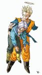  2boys black_footwear black_pants blonde_hair blue_jacket blue_shirt boots carrying carrying_person dragon_ball full_body green_eyes grey_hair halo highres jacket jumpsuit kakeru_(dbskakeru) looking_to_the_side missing_limb multiple_boys open_clothes open_jacket orange_jumpsuit pants scabbard sheath shirt short_hair simple_background son_gohan son_gohan_(future) spiked_hair toriyama_akira_(style) trunks_(dragon_ball) trunks_(future)_(dragon_ball) white_background white_shirt yellow_footwear 