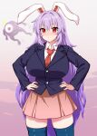  1girl absurdres animal_ears black_jacket blazer blue_thighhighs breasts collared_shirt cyclops hands_on_own_hips highres huge_breasts itou_yuuji jacket long_hair long_sleeves looking_at_viewer monster necktie one-eyed purple_hair rabbit_ears red_eyes red_necktie red_skirt reisen_udongein_inaba shirt skirt thighhighs touhou very_long_hair white_shirt zettai_ryouiki 