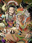  2boys absurdres asymmetrical_hair biliken black_hair black_wings bracelet braid dark_skin facial_hair facial_tattoo feathers forehead_jewel goatee headdress highres holding holding_polearm holding_weapon horns jewelry kaidou_(one_piece) king_(one_piece) long_hair male_focus multiple_boys multiple_braids muscular muscular_male mustache native_american native_american_clothes native_american_headdress necklace nipples one_piece oni_horns open_mouth polearm ponytail red_eyes smile spear tattoo weapon white_hair wings yellow_eyes 