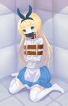  1girl alice_(alice_in_wonderland) alice_in_wonderland apron blonde_hair blue_eyes commentary_request dress empty_eyes frilled_dress frills gagged hairband highres long_hair padded_walls panel_gag raftetram restrained sitting solo straitjacket tearing_up thighhighs wariza 