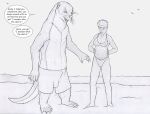 2023 ambient_bird anthro avian balls_outline beach beachcomber_(strega) belly big_belly bikini biped bird bra breasts bulge clothed clothing dialogue duo english_text female fur genital_outline greyscale hi_res human male mammal membrane_(anatomy) monochrome mustelid navel nipple_outline otter penis_outline pregnant seaside semi-anthro sheath_outline snout speech_bubble strega swimwear tail text topless underwear webbed_feet webbed_hands 