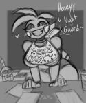  animal_humanoid animatronic anthro avian bib big_breasts bird blush breasts butt chicken clothed clothing digital_media_(artwork) english_text female five_nights_at_freddy&#039;s five_nights_at_freddy&#039;s_2 fur galliform gallus_(genus) grin hair hi_res humanoid kailewds machine monochrome phasianid robot scottgames sketch smile solo tail teeth text thick_thighs toy_chica_(fnaf) 