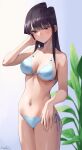  1girl absurdres bikini black_eyes black_hair blush breasts closed_mouth hand_up highres komi-san_wa_komyushou_desu komi_shouko long_hair looking_at_viewer medium_breasts plant side-tie_bikini_bottom signature solo standing swimsuit white_bikini yuhi 