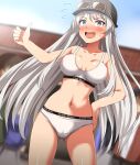  1girl absurdres azur_lane black_headwear blurry blurry_background blush cabbie_hat commentary_request constricted_pupils cowboy_shot crotch_seam day depth_of_field enterprise_(anniversary_ride)_(azur_lane) enterprise_(azur_lane) eyewear_on_headwear flying_sweatdrops grey_eyes grey_hair hand_on_own_hip hat highres long_hair navel official_alternate_costume open_mouth outdoors panties partial_commentary smile solo sports_bra sports_panties standing sunglasses sweatdrop thumbs_up underwear underwear_only very_long_hair white_panties white_sports_bra zanntetu 