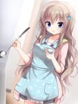  9-nine- :d animal_print apron blue_apron blue_eyes blurry blurry_background blush casual commentary cooking cowboy_shot dutch_angle eyelashes fish_print gear_hair_ornament hair_between_eyes hands_up highres holding holding_ladle holding_plate indoors kujou_miyako ladle light_brown_hair long_hair long_sleeves looking_at_viewer open_mouth paw_print pink_sweater plate sidelocks sleeves_rolled_up smile standing star_(symbol) sweater takepoison very_long_hair wavy_hair wing_hair_ornament 