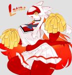  anthro big_breasts bottomwear breasts cheerleader cheerleader_outfit cleavage clothed clothing female fully_clothed generation_3_pokemon hair hi_res latias legendary_pokemon long_hair midriff nintendo pokemon pokemon_(species) pom_poms red_body skirt solo togetoge yellow_eyes 