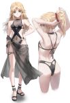  1girl armlet arms_up ass bikini black_bikini black_one-piece_swimsuit black_sarong blonde_hair braid breasts closed_mouth covered_navel cropped_legs earrings fate/apocrypha fate/grand_order fate_(series) french_braid full_body green_eyes hair_down hair_ornament hair_scrunchie hand_on_hip highres jewelry long_hair mordred_(fate) mordred_(fate/apocrypha) multiple_views one-piece_swimsuit ponytail red_scrunchie sandals sarong scrunchie see-through_sarong single_earring small_breasts swimsuit thigh_strap tonee tying_hair wavy_hair 