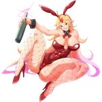  1girl animal_ears blonde_hair bottle bow bowtie breasts cameltoe commentary_request detached_collar fake_animal_ears fishnet_pantyhose fishnets fugaku_(miko_no_miyatsuguchi) full_body glint gradient_hair high_heels highleg highleg_leotard highres holding holding_bottle horns hoshiguma_yuugi large_breasts leotard long_hair multicolored_hair muscular muscular_female oni oni_horns pantyhose playboy_bunny pointy_ears rabbit_ears red_footwear red_horns red_leotard single_horn smile solo star_(symbol) strapless strapless_leotard touhou very_long_hair white_background wrist_cuffs 