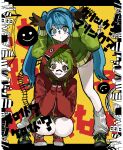  2girls blue_hair brown_gloves gloves green_hair green_jacket grin gumi hair_between_eyes hands_on_own_cheeks hands_on_own_face hatsune_miku highres hood hood_up inu_totemo jacket leaning_forward leg_warmers long_hair long_sleeves looking_at_viewer matryoshka_(vocaloid) multiple_girls red_jacket shoes shorts smile sneakers squatting standing twintails very_long_hair vocaloid 