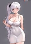  blue_eyes bluefield breasts cleavage collarbone commentary covered_navel cowboy_shot dress english_commentary grey_background highres long_hair looking_at_viewer patreon_username rwby scar scar_across_eye side_ponytail simple_background sleeveless sleeveless_dress twitter_username very_long_hair watermark weiss_schnee white_hair 