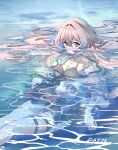  1girl absurdres arknights bikini black_bikini blue_eyes breasts cleavage feet_out_of_frame frilled_bikini frills gaoling_gangqin grey_hair hair_between_eyes hair_spread_out highres long_hair looking_at_viewer medium_breasts mulberry_(arknights) partially_submerged solo swimsuit thigh_strap 