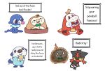  absurd_res ambiguous_gender bodily_fluids burnt cat_food chewing dialogue_box doodlelot feral fire food fuecoco generation_5_pokemon generation_7_pokemon generation_9_pokemon group hi_res litten narration nintendo oshawott pet_food pokeball pokemon pokemon_(species) popplio rowlet saliva tail tail_motion tailwag text wounded 