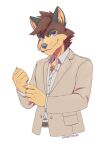  anthro black_ears blazer canid canine clothed clothing dress_shirt eyebrows fox fully_clothed hi_res kokoro-tokoro male mammal multicolored_body purple_eyes shirt smile solo suit topwear 