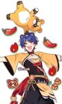  1boy animal_ears bear_ears beebunii bell blue_hair bow bowtie brown_shirt chinese_clothes genderswap genderswap_(ftm) genshin_impact guoba_(genshin_impact) hair_ornament highres open_mouth red_bow red_bowtie shirt short_hair smile solo vision_(genshin_impact) xiangling_(genshin_impact) yellow_eyes 