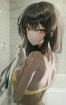  1girl absurdres bathtub black_hair blue_archive blush bra breasts check_commentary commentary commentary_request dark-skinned_female dark_skin highres holding holding_towel jaduade karin_(blue_archive) large_breasts long_hair looking_at_viewer looking_back partial_commentary towel tsurime underwear wet yellow_bra yellow_eyes 
