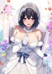  1girl bare_shoulders black_hair blush breasts brooch choker commentary_request dress elbow_gloves flower gloves hair_ornament hairclip highres jewelry large_breasts liya looking_at_viewer necklace open_mouth original panties purple_eyes see-through see-through_dress short_hair underwear veil wedding_dress white_gloves white_panties 