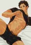  1boy abs absurdres alternate_pectoral_size bara black_hair black_male_underwear boxers brown_eyes bulge clothes_lift covered_penis erection erection_under_clothes feet_out_of_frame haikyuu!! head_tilt highres large_pectorals le_zhang_zhang lifted_by_self lying male_focus male_underwear muscular muscular_male nipples no_pants on_back pectorals sawamura_daichi seductive_smile shiny_skin shirt_lift short_hair sideburns smile solo sportswear spread_legs stomach thick_thighs thighs tweaking_own_nipple underpec underwear volleyball_uniform 