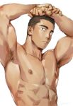  1boy abs armpit_hair armpits bara brown_hair gentle2nd large_pectorals male_focus muscular muscular_male nipples nude obliques original pectorals short_hair sideburns solo thick_eyebrows upper_body 
