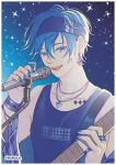  1boy blue_eyes blue_hair blue_nails border bracelet collarbone commentary earrings electric_guitar fingernails guitar headband highres holding holding_instrument instrument jewelry kaito_(vocaloid) leo/need_(project_sekai) leo/need_kaito looking_at_viewer male_focus melkan microphone necklace official_alternate_costume open_mouth project_sekai short_hair solo star_(symbol) tank_top tattoo teeth twitter_username upper_body vocaloid white_border 
