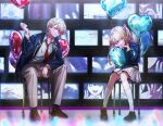  1boy 1girl arm_support balloon blazer blonde_hair blue_eyes blue_jacket brother_and_sister brown_footwear closed_mouth commentary daenarys english_commentary grey_pants grey_skirt hair_over_one_eye heart_balloon hoshino_aquamarine hoshino_ruby jacket long_hair long_sleeves looking_at_viewer mismatched_pupils necktie object_hug one_side_up open_clothes open_jacket oshi_no_ko pants pink_eyes pleated_skirt red_necktie school_uniform short_hair siblings sidelocks sitting skirt smile socks star-shaped_pupils star_(symbol) symbol-shaped_pupils television twins white_socks youtou_high_school_uniform 