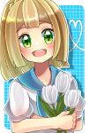  1girl blonde_hair blue_background blunt_bangs crossed_arms flower green_eyes heart heart_of_string highres holding holding_flower kokashiho lillie_(pokemon) lily_(flower) long_hair looking_at_viewer open_mouth pokemon pokemon_(game) pokemon_sm ponytail shirt smile solo teeth upper_teeth_only 