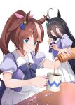  2girls ahoge animal_ears black_hair blue_eyes brown_hair closed_mouth coffee_mug collarbone commentary_request cup hair_between_eyes hair_ornament highres holding honey horse_ears horse_tail long_hair looking_at_another manhattan_cafe_(umamusume) mofu_namako mug multiple_girls open_mouth ponytail school_uniform simple_background smile sugar_(food) surprised table tail tokai_teio_(umamusume) tracen_school_uniform umamusume white_background yellow_eyes 