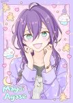  1boy ahoge androgynous aqua_eyes ayase_mayoi black_shirt braid crescent cupcake ensemble_stars! food happypuppy_guu heart highres jacket jewelry long_hair long_sleeves looking_at_viewer male_focus mole mole_under_mouth multicolored_shirt necklace open_mouth pink_background purple_background purple_hair purple_jacket sharp_teeth shirt smile solo star_(symbol) stuffed_animal stuffed_toy teddy_bear teeth white_shirt 