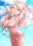  1girl arms_behind_head bikini blue_sky blush breasts brown_eyes cloud cloudy_sky conte_di_cavour_(kancolle) day fuji_(pixiv24804665) grey_hair kantai_collection large_breasts long_hair looking_at_viewer open_mouth outdoors sky smile solo swimsuit two_side_up white_bikini 