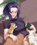  1girl absurdres boku_no_hero_academia book bookmark breasts broken_wall cat couch dog highres holding holding_book kitten koyap lady_nagant large_breasts multicolored_hair on_couch open_mouth original pink_hair plant purple_hair short_sleeves turtleneck 