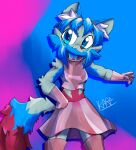  2023 5_fingers anthro big_eyes blue_body blue_eyes blue_fur blue_hair bottomwear breasts canid canine cheek_tuft clothed clothing digital_media_(artwork) facial_tuft female fingers fluffy fluffy_tail fox fur gloves hair handwear hi_res ikarapopsicle inner_ear_fluff kemono legwear looking_at_viewer mammal medium_breasts midriff multicolored_body multicolored_fur nichi_(wikibee) pink_bottomwear pink_clothing pink_gloves pink_handwear pink_legwear pink_shirt pink_skirt pink_thigh_highs pink_topwear portrait red_body red_fur shirt signature skirt solo standing tail tank_top thigh_highs three-quarter_portrait topwear tuft white_body white_fur white_hair 