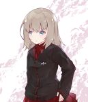  1girl adapted_costume artist_name black_cardigan blue_eyes cardigan collared_shirt commentary dress_shirt girls_und_panzer grey_hair hand_on_own_hip insignia itsumi_erika kuromorimine_military_uniform long_sleeves looking_to_the_side medium_hair military_uniform miniskirt pleated_skirt red_shirt red_skirt shirt skirt solo standing uniform vri_(tinder_box) 