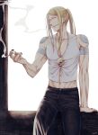  1boy abs black_nails black_pants blonde_hair blue_eyes cigarette fate/grand_order fate_(series) flapper_shirt holding holding_cigarette jewelry long_hair looking_at_viewer male_focus medallion midriff muscular muscular_male necklace no_eyewear no_jacket pants ponytail shirt shoulder_tattoo smile smoke solo tattoo tezcatlipoca_(fate) white_background white_shirt yuuzuki230 