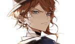  1boy absurdres black_headwear black_jacket black_suit blue_eyes bungou_stray_dogs closed_mouth from_behind hair_between_eyes highres jacket looking_at_viewer looking_back mafia male_focus medium_hair nakahara_chuuya orange_hair portrait serious simple_background solo suit v-shaped_eyebrows white_background ya_ta 