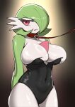  1girl absurdres arms_behind_back averting_eyes bare_shoulders black_leotard bob_cut breasts cleavage collar collarbone colored_skin commentary covered_navel cowboy_shot gardevoir gradient_background green_hair green_skin hair_over_one_eye half-closed_eyes highres kora574 large_breasts leash leotard looking_to_the_side multicolored_skin one_eye_covered open_mouth personification pokemon pokemon_(creature) shiny_skin short_hair shy simple_background skindentation solo standing strapless strapless_leotard thick_thighs thighs two-tone_skin v-shaped_eyebrows white_skin yellow_background 