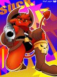  aiming_at_viewer anthro boots bulge clothing cowboy_hat demon footwear fur gremile_&#039;hotshot&#039; gun handgun hat headgear headwear hi_res imp kings_of_hell leotard male pistol ranged_weapon red_body red_fur solo spade_tail tail weapon wulf_pupper 