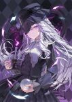  1girl argyle argyle_background black_dress black_headwear blue_eyes candle closed_mouth crystal_ball dress fire hat heterochromia highres holding holding_candle kitada_mo long_hair long_sleeves looking_at_viewer original puffy_sleeves purple_eyes purple_fire solo white_hair 