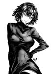  1girl black_dress black_hair breasts dress fubuki_(one-punch_man) hand_on_own_hip highres large_breasts longlong_(drasdr7513) looking_at_viewer monochrome one-punch_man short_hair simple_background smile solo white_background wrinkled_fabric 