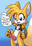  2_tails anthro armwear balls bodily_fluids bottomless canid canine chest_tuft choker clothed clothing dialogue english_text fishnet fishnet_armwear fox genital_fluids genitals hi_res jewelry knot male mammal miles_prower multi_tail necklace nekoniku penis precum sega solo sonic_the_hedgehog_(series) tail text tuft 