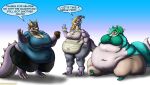  2021 absurd_res anthro belly_scales big_breasts blonde_hair bottomwear breasts canid canine clothed clothing deep_navel digital_media_(artwork) dragon female food fox green_hair group hair hi_res horn huge_belly huge_breasts mammal morbidly_obese morbidly_obese_anthro morbidly_obese_female muffin musclegut muscular muscular_anthro muscular_female navel non-mammal_breasts obese obese_anthro obese_female overweight overweight_anthro overweight_female pants scales selene_(starknight321) shirt topwear trio viroveteruscy vizzy_(starknight321) 