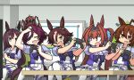  6+girls :d :o agnes_tachyon_(umamusume) ahoge animal_ears arm_up aston_machan_(umamusume) blue_shirt blush bow brown_eyes brown_hair commentary_request controller crown daiwa_scarlet_(umamusume) eyepatch fang frilled_skirt frills game_controller grey_hair hair_between_eyes hair_bow hamu_koutarou highres holding horse_ears horse_girl horse_tail indoors long_hair mejiro_dober_(umamusume) mini_crown multicolored_hair multiple_girls pleated_skirt puffy_short_sleeves puffy_sleeves purple_eyes purple_hair red_bow red_eyes shirt short_sleeves skirt smile streaked_hair tail tanino_gimlet_(umamusume) thighhighs twintails umamusume v-shaped_eyebrows very_long_hair vodka_(umamusume) white_skirt white_thighhighs 